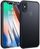 FLLAO Opaca Cover Compatibile con iPhone XS/X con 2 Vetro Temperato, [Della Fotocamera Protezione] Anticaduta Antiurto Hard PC Glassata Traslucida Custodia Compatibile con iPhone XS/X Nero