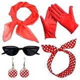 5 Pcs Set Accessori Anni 50,Accessori Per Costume Anni '50, Sciarpe di Chiffon, Cravatta per Capelli a Pois e Orecchini, Guanti a Pois,Occhiali Vintage Accessori Carnevale Donna, Vintage Accessori