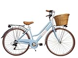 Cicli Tessari - bicicletta da donna bici da città city bike da passeggio 28'' con cambio vintage retro' cesto in vimini (azzurro)