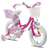 JOYSTAR Unicorn bike 12" per bambina 2-4 anni, bici da bambino con seggiolino da bambola e ruote stabilizzatrici, viola