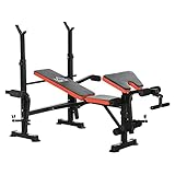 HOMCOM Panca Multifunzione Regolabile su 3 Altezze con Supporto per Bilanciere, Panca Pesi in Acciaio e Plastica, con Leg Extension, Barbell Rack, Preacher Curl Pad, Butterfly, Rosso e Nero
