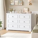 hefoths Cassettiera a 6 Cassetti, 120 cm Cassettiera Camera da Letto con Venature del Legno, Mobiletto Multiuso Armadietti da Camera da Letto per Soggiorno, Cucina, Bianca 84×39,5×120 cm