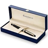 Waterman Expert penna stilografica | nero lucido con finiture in oro 23 carati | pennino medio con cartuccia di inchiostro blu | confezione regalo