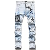 YAODAMAI Jeans Uomo Strappati Ricamo Pentagramma Stretch Pantaloni Gamba Slim Pantaloni Uomo Versatili