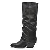 IF Fashion Scarpe Stivali Texani Arricciati Da Donna Con Ghetta Risvolto MP627 nero N.38