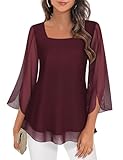 Syphiby Camicette da donna con maniche a 3/4, con volant, ampie, scollo quadrato, in chiffon, a doppio strato, taglie S-3XL, Rosso vinaccia, XL