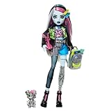 Monster High - Frankie Stein, bambola con giacca e shorts in denim, cagnolina Watzie e accessori come zaino, spuntino e taccuino inclusi, giocattolo per bambini, 4+ anni, HXH73, Nero