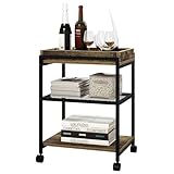 WOLTU Tavolino da Salotto a 3 Ripiani, Tavolino Divano con Rotelle, Vassoio Rimovibile e Piedini, Mobiletto per Soggiorno, Camera da Letto, in Legno e Metallo, Legno Vintage e Telaio Nero