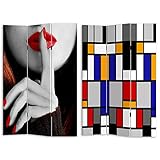 Bakaji Paravento Separè Struttura in Legno Rivestimento in Tela Con Stampa Fronte Retro Fashion e Mondrian Divisorio Richiudibile Pieghevole (180 x 120 cm 3 Pannelli)