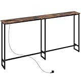 HOMCOM Tavolo Consolle Ristretto in Stile Industriale con Stazione di Ricarica, Porte USB, Consolle Ingresso in Legno e Acciaio, per Soggiorno, Camera da Letto, Salotto, 160x20x80 cm, Marrone Rustico