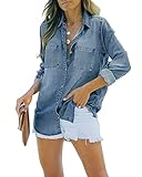 Feziakuk Camicia da donna in jeans a maniche lunghe, morbida, in denim, casual, per primavera, autunno, con tasche sul petto, Blu Denim, L