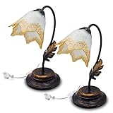 MAKA Lampada da Tavolo Vintage E14 (lampadina non inclusa) Luce Comodino Scrivania in Metallo Spazzolato Foglie Paralume in Vetro Artigianale Soggiorno Camera (2x Lampada Beatrice)