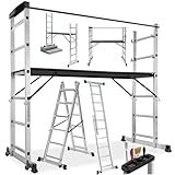 tectake® Scala Alluminio 4 in 1 Multifunzione con Piattaforma da Lavoro, Ponteggio da Lavoro con Ruote, Scala in Alluminio Pieghevole, Trabattello da Lavoro
