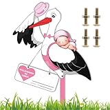 Cicogna per la nascita di bambini, cicogna di legno, rosa, cicogna di legno, per la nascita all'aperto, la cicogna di nascita, stampata su entrambi i lati, con asta di legno e targhetta con biglietto