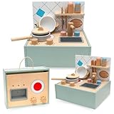 Mamabrum Mini cucina giocattolo in legno con accessori - cucina giocattolo pieghevole con lavello, piatto, pentola, casseruola, giocattolo educativo da 3 anni