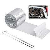 Nastro Isolante Termico, 5m x 5cm Nastro Termico Isolante con 2 Fascette Moto Nastro Benda Isolamento Termico Collettori di Scarico per Collettori di Scarico Moto e Auto, 1 Pezzi, Argento