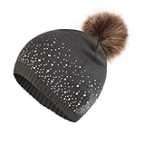Generisch Cappello per capelli lavorato a maglia, con orlo, con strass, per l'inverno, dolce lana per tenere al caldo, grigio., Einheitsgröße