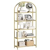 VASAGLE Scaffale Portaoggetti a 5 Ripiani, Libreria Scaffale in Vetro Temperato, Design ad Arco, Struttura in Metallo, per Soggiorno Camera da Letto Studio Bagno, Dorato e Trasparente LGT050A01