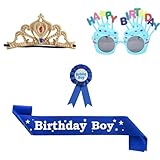 4PCS Kit di Compleanno Ragazzo Fascia Corona,Include Fascia in Raso di Compleanno+Distintivo Olografico per Compleanno Ragazzo+Occhiali+Corona di Compleanno,Decorazioni per Feste di Compleanno