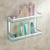 PORTE ITALIANE, Mensola per Bagno, 2 Ripiani in Vetro Temperato da 8mm e Barra in Alluminio, Fino a 5 kg di Peso per Ripiano, 28x29x12 cm, Argento