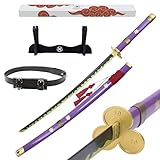 Hashiman Katana One Piece - Vera Manga Sciabola + Porta Spada di Legno + Cintura - Catana Giapponese Decorazione Cosplay Giocattolo per Bambini Adulti Gioco Costumi (Roronoa Zoro Enma Viola)