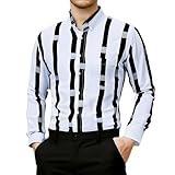 Generico Camicia a Bottoni a Righe per Uomini, Stampa Retro Disco Anni '70, Maniche Lunghe, Taglio Regolare, Senza Stiramento, Base, Top con Tasca(1B-White, XXXXL)