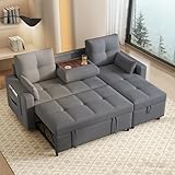 Wyibwy Divano angolare a L con funzione letto,Divano a 3 posti con letto estraibile e portabicchieri pieghevole,divano trasformabile con vano contenitore,tessuto di lino,per soggiorno,Grigio