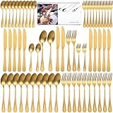 Set di posate da 60 pezzi, posate dorate per 12 persone, finitura oro opaco, anti-impronte, lavabili in lavastoviglie, posate in acciaio inox, ideali per casa, banchetti e ristoranti