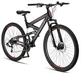 Licorne Bike Strong 2D Premium Mountain Bike, Bicicletta per ragazzi, ragazze, donne e uomini – Freno a disco anteriore e posteriore – 21 marce – Sospensione completa (nero/rosso, 29.00)