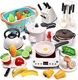 CUTE STONE Gioco da Cucina Immaginativo con Pentola a Pressione a Vapore, Piano Cottura Elettronico, Utensili da Cucina, Posate e Cibo da Gioco da Tagliare, Cesto della Spesa Educativo per Bambin