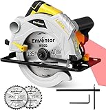 Enventor Sega Circolare 1500W, Sega Circolare per Legno 5500RPM, 2 Lama da 185mm(24T&40T), Taglio 65mm(90°)/43mm (45°), Motore Di Rame Puro, Guida Laser, Ideale per Tagliare Legno