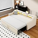 Oxtao Letto imbottito divano letto estraibile 90/180 x 190 cm, letto giorno con LED e funzione di ricarica USB, letto giornaliero con vano portaoggetti multifunzione, in lino, senza materasso (beige)