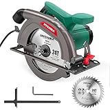 HYCHIKA Sega Circolare, 1300W 4500RPM 185mm Sega Legno Circolare, Motore ad alta Potenza, Profondità di taglio 65 mm (90º), 45 mm (45º), Interruttore di Sicurezza, Aspirazione della Polvere