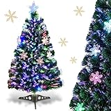 RELAX4LIFE Albero di Natale Artificiale 90 con Luci in Fibre Ottiche e Addobbi: 1 Stella e 12 Fiocchi di Neve a LED, 85 Rami Folti e Realistici in PVC