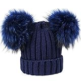 Brillabenny Cappello Cuffia Donna Doppio PON PON Blu Navy Vera Pelliccia MURMASKY Topolino Hat Fur Luxury Neve Sci