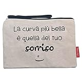 Hello-Bags. Necessaire/pochette. Esterno: 100% cotone. Con cerniera interna e fodera. Include una bella busta regalo kraft. Modello "CURVABELLA". Colore: Écru/Nero. Misure: 23 * 15,5 cm.