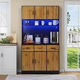 KUAKE Mobile a buffet multifunzione con illuminazione a LED con 3 cassetti, ripiani regolabili in MDF, colore nero e naturale