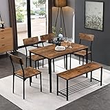 Merax Tavolo da cucina con sedie, stile industriale, tavolo da pranzo con 4 sedie e 1 panca, sala da pranzo, soggiorno e balcone, marrone vintage