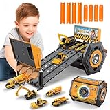 Charmofun Mini Macchine Pista con Luci e Musica, Camion Trasportatore con 4 Piste 4 Auto, Giocattolo Pista da Corsa Storage Bucket Regalo di Macchinina Giocattolo per Bambini 5+ Anni (Cantiere)