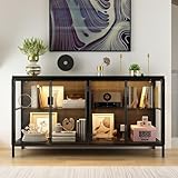 DEZAGCE Credenza in vetro a 2 ante con telaio in ferro, vetrina in vetro con strisce luminose a 3 colori, 40 x 140 x 75 cm, colore: nero
