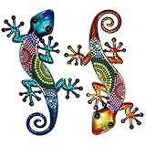 HONGLAND Gecko - Decorazione da parete in metallo, confezione da 2, 38,1 cm, decorazione per esterni, scultura in vetro da appendere, decorazione per giardino, recinto e casa