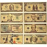 YIQILAFADA Set di 8 banconote da dollari dorate, banconote da 100 dollari in lamina d'oro, 100/50/20/10/5/2/1