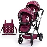 Bayer Design 26723AA Carrozzina gemellare Twin Xeo, carrozzina per bambole doppia, regolabile in altezza, borsa, bordeaux, rosa, stelle