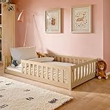 Kids Collective - Letto a pavimento per bambini, 120 x 200 cm, con protezione anti-caduta e rete a doghe Montessori, letto singolo, colore naturale, altre misure: 80 x 160 cm, 90 x 200 cm, 140 x 200