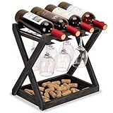 WDSHIYI Portabottiglie in legno rustico per 4 bottiglie e 6 calici, portabottiglie da banco con supporto per bicchieri, decorazione per casa, cucina, sala da pranzo, bar, stile vintage, nero
