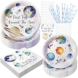 BOIKOKY 120 Pezzi Decorazioni per Feste di Compleanno a Tema First Trip Around the Sun, Articoli per Feste a Tema 1st Space Party, Stoviglie Monouso | Per 24