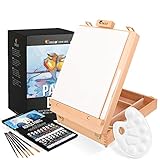 Cavalletto Pittura da Tavolo in Legno di Faggio con Set di 34 Pezzi – 24 Colori Acrilici, 6 Pennelli, Tela 24x30cm, Spatola e Tavolozza per Pittura – Kit Completo per Artisti