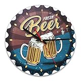 Fitwish Orologio da parete vintage in MDF, diametro 30 cm, con riproduzione tappo birra e stampa boccali di birra per decorare la casa in maniera originale, ideale per tutti gli ambienti della casa.