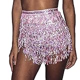 SINLOV Belly Dance Gonne Dancing Hip Tassel Sciarpa Cintura Paillette Wrap Gonna Rave Costume per Le Donne Ragazze (Pink)