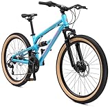 BIKESTAR MTB Mountain bike sospensione completa alluminio per bambini 9 anni | Bicicletta 24 pollici 21 velocità Shimano, freni a disco | Blu